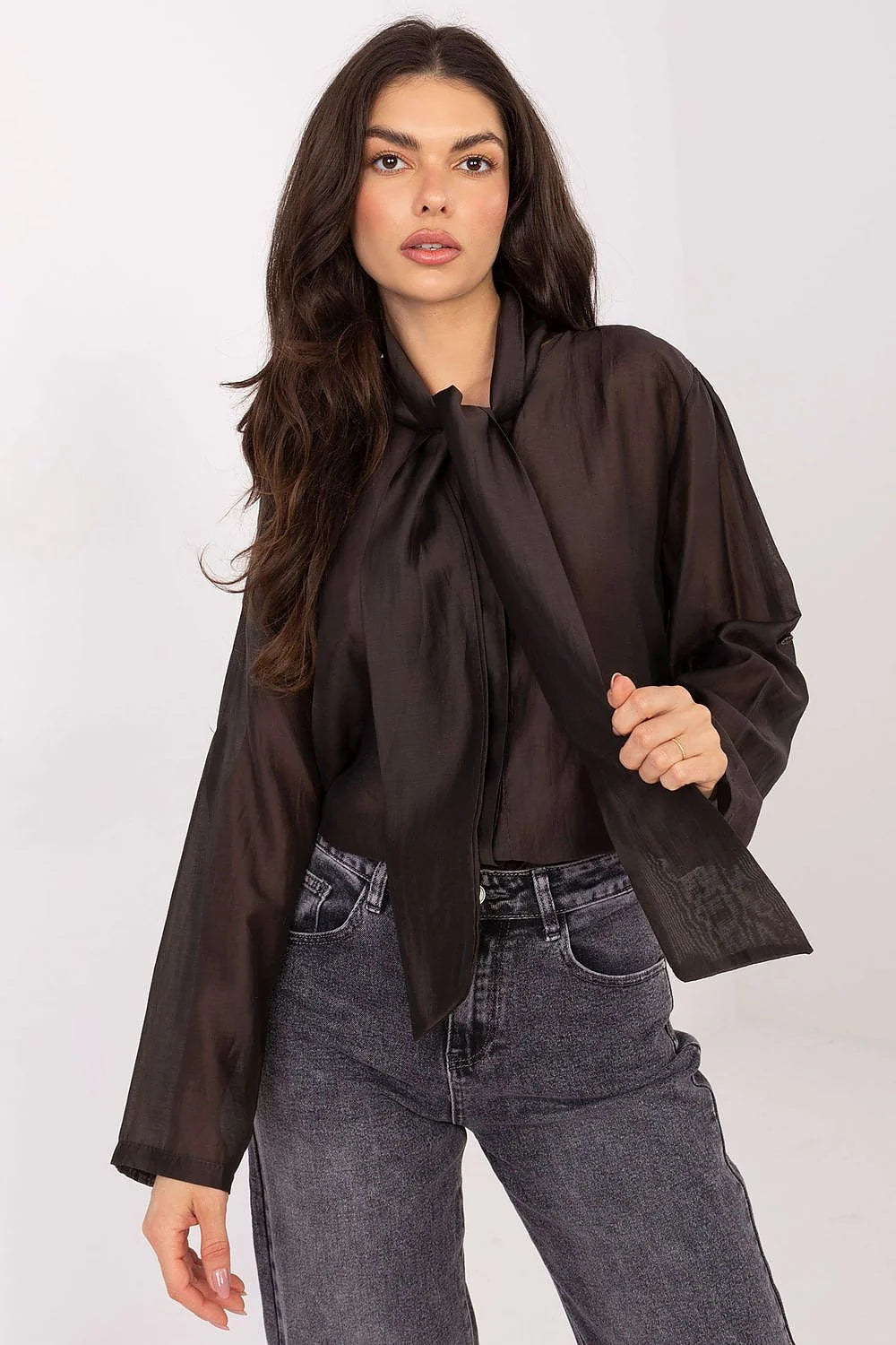 chemise femme manches longues noir col lavallière nouée satinée semi transparente coupe fluide droite longueur hanches poignets droits respirante confortable