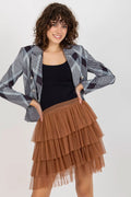 Ensemble blazer et jupe Och Bella tweed bleu clair, tulle marron, modern style sophistiqué
