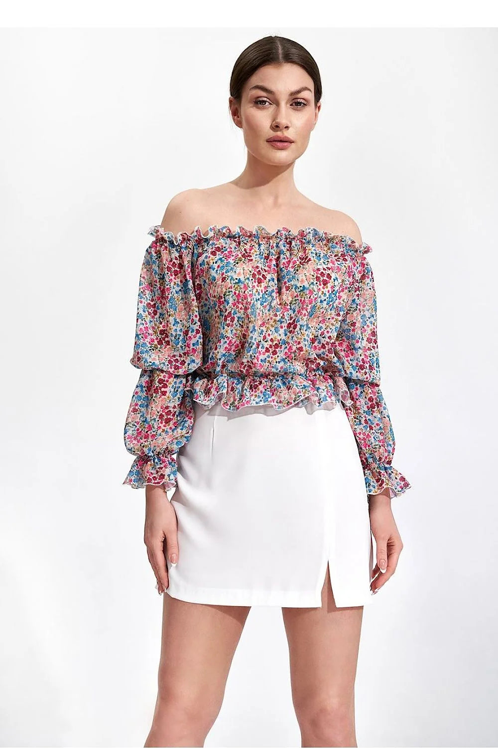 Jupe courte rosé vif polyester élasthanne imprimé floral moderne cache-cœur manches longues ceinture ajustée soirée événements