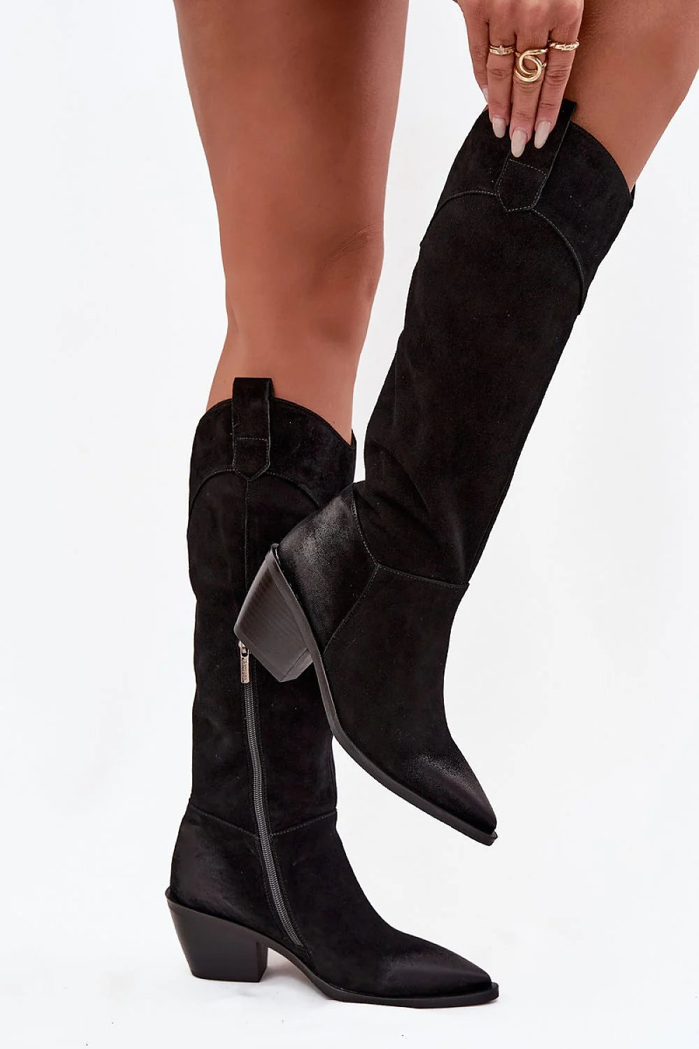 bottes cowboy femme daim suédé noir tige mi mollet bout pointu talon bloc stable fermeture éclair intérieure doublure semelle résistante