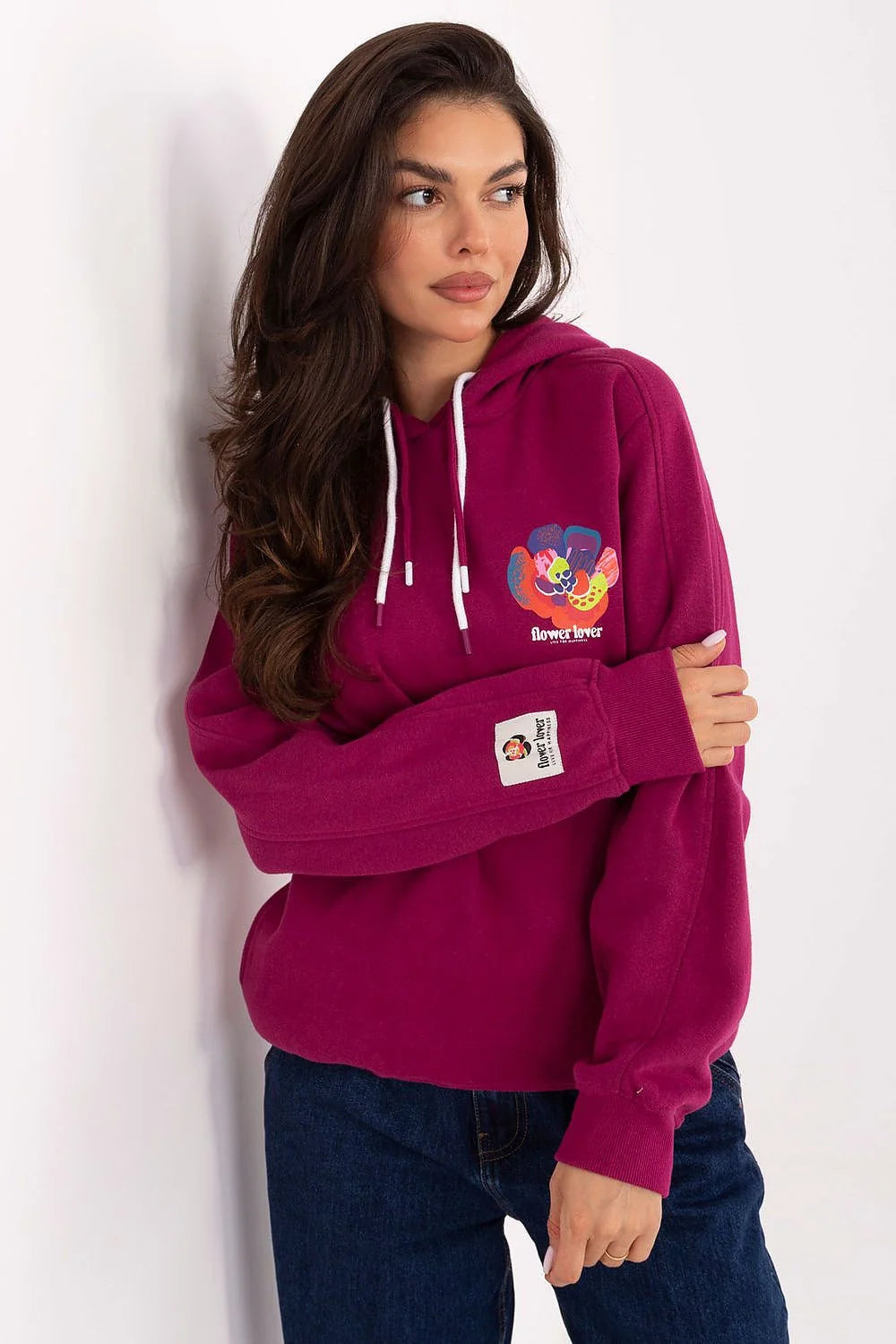 hoodie femme oversize fuchsia streetwear loose hanches cordon blanc molleton doux manches longues imprimé floral multicolore poitrine dos poche latérale