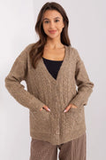 Cardigan pour femme en laine mélange design V-neck texture torsades couleur taupe taille polyvalente