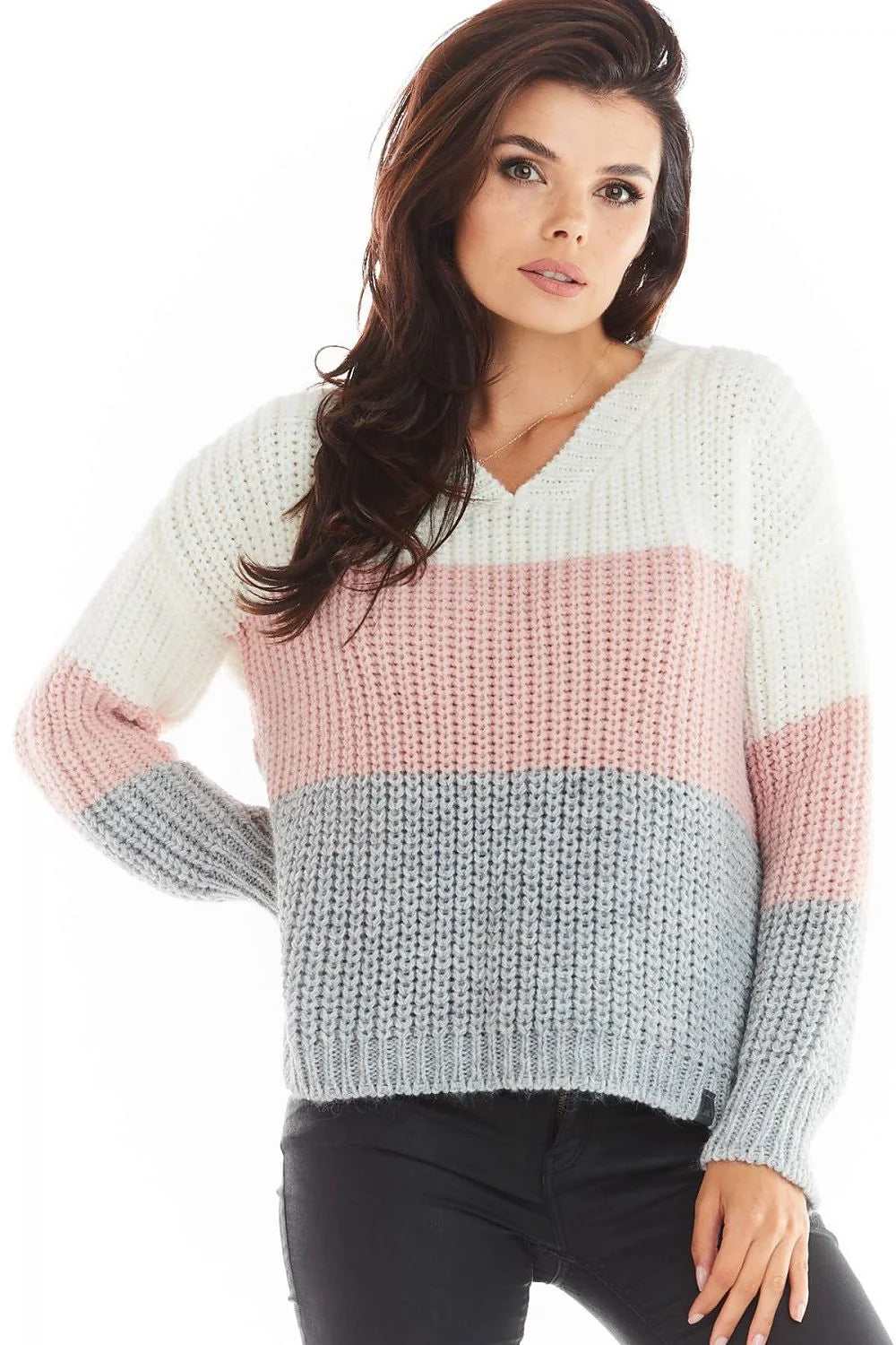 Pullover femme maille côtelée tricolore coupe ample rayures confort col V style décontracté chic