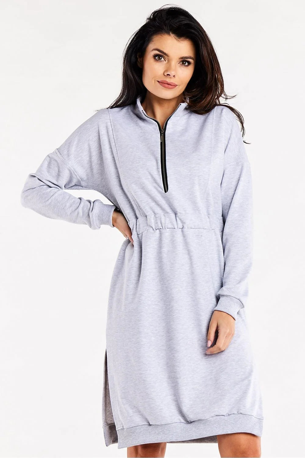 Robe de jour Infinite You pour femmes, style décontracté, coton élasthanne, manches longues, fentes latérales, taille élastiquée, couleur grise claire
