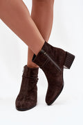 bottines femme suède marron cheville bout arrondi talon carré doublure chaude semelle antidérapante fermeture éclair lanière décorative boucle