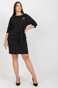 Robe taille plus rayures blanches sur fond noir coupe crayon manches 3/4 encolure bateau ceinture amovible