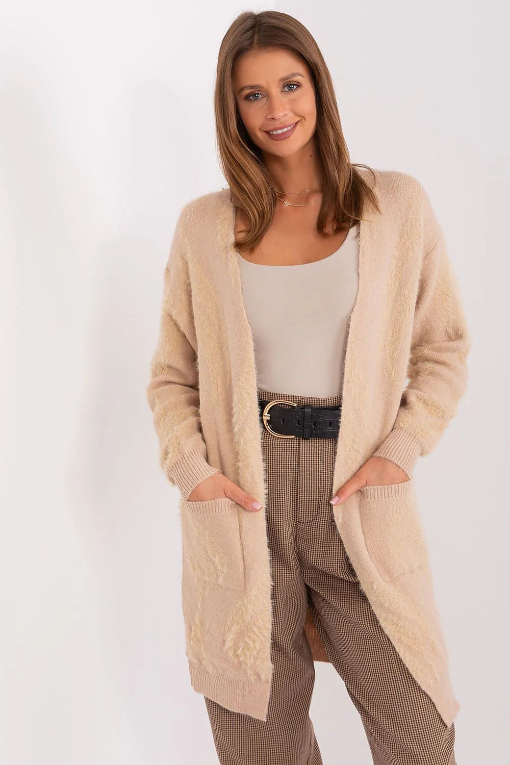 Cardigan pour femme style décontracté ouvert sans boutons coupe oversize tissu doux maille laine poches plaquées beige clair