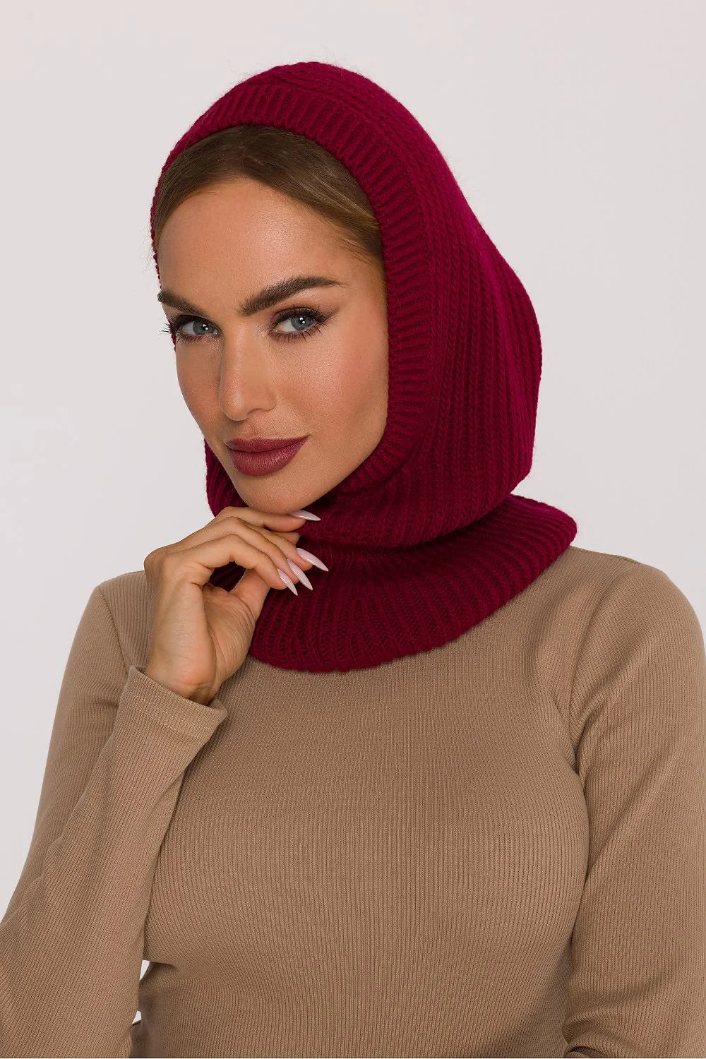 balaklava cagoule snood capuche bordeaux maille côtelée épaisse tube stretch douillet chaud col ajusté bordures élastiques acrylique nylon
