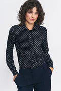 Chemise élégante pour femme manches longues col classique motif pois noir et blanc viscose 100% tailles 34-42