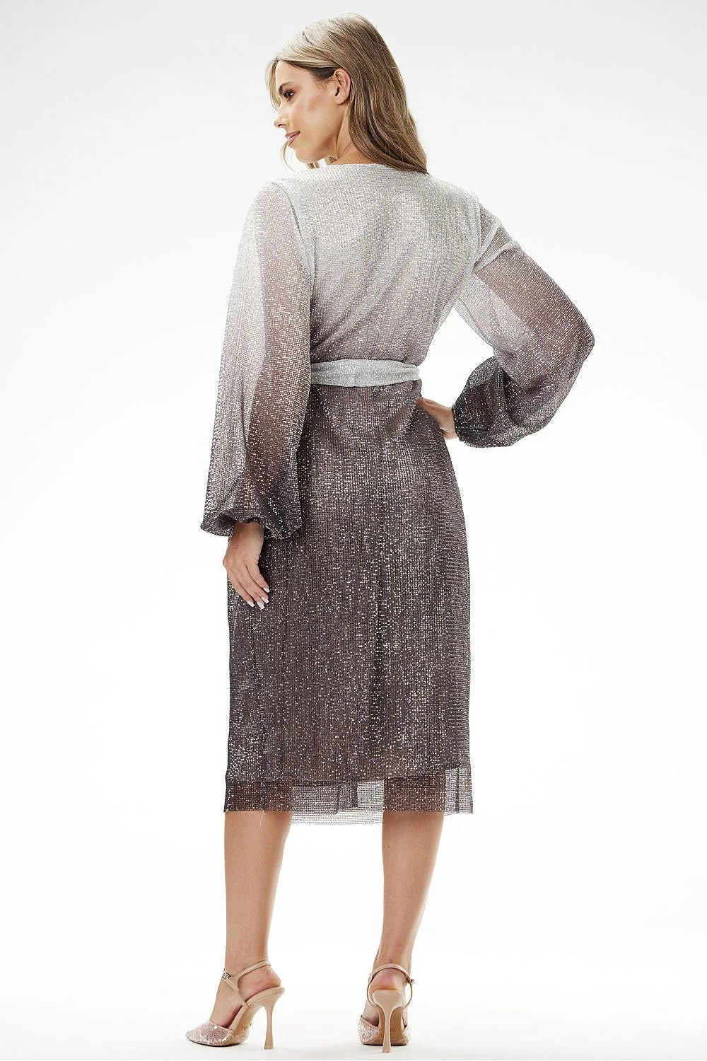 Robe de soirée élégante longue manches longues V croisé effet ombré tissu scintillant taille ajustable femme