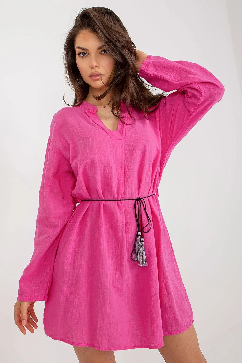 Robe de jour féminine Och Bella en coton rose vif manches longues ceinture pompons