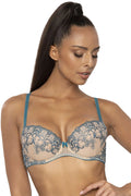 Soutien-gorge élégant push-up nude beige dentelle bleu-marine bretelles ajustables agrafes réglables tissu coton élasthanne femme