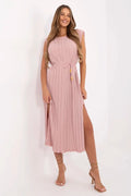 Robe longue bohème femme rose pâle plissée verticale tissu léger polyester viscose taille ajustable ceinture perles bois occasion décontractée semi-formelle été
