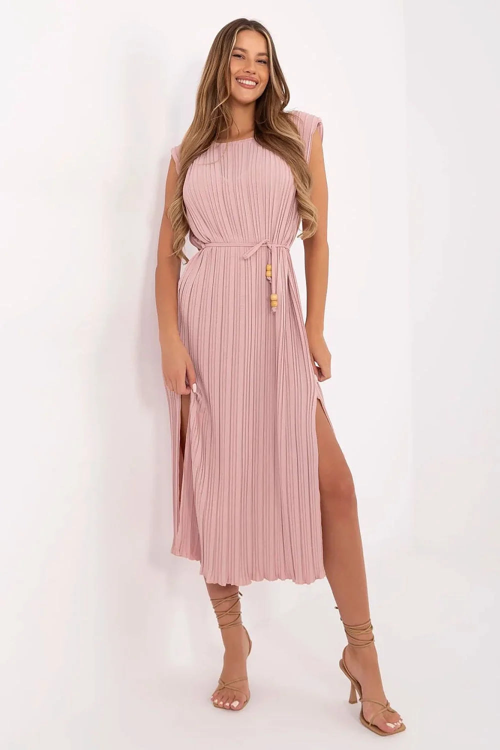 Robe longue bohème femme rose pâle plissée verticale tissu léger polyester viscose taille ajustable ceinture perles bois occasion décontractée semi-formelle été