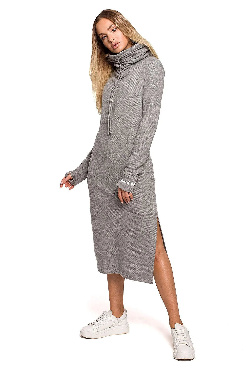Robe midi en jersey gris confortable, design moderne col snood ajustable, style décontracté femme