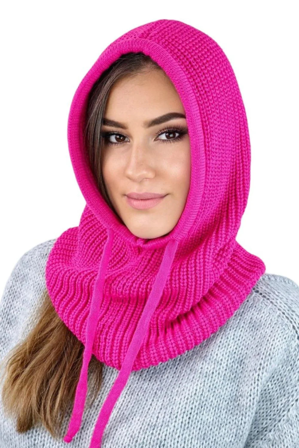 cagoule snood capuche tricot côtelé rose fuchsia épais extensible chaud confortable ajusté drapé couvrant visage cou réglable cordons