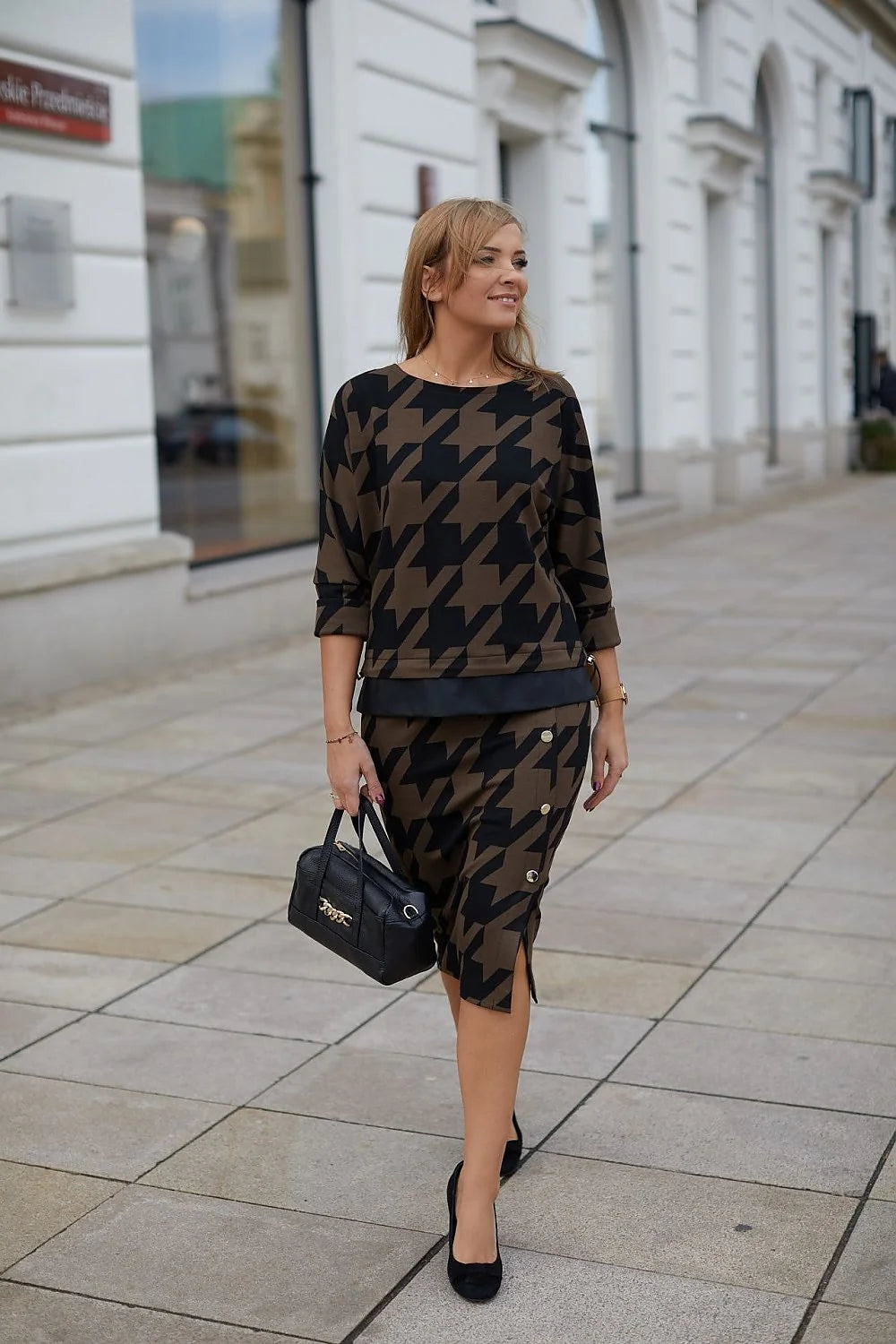 Ensemble deux-pièces pour femmes motif pied-de-poule maille jacquard douce manches trois-quarts jupe crayon boutons dorés