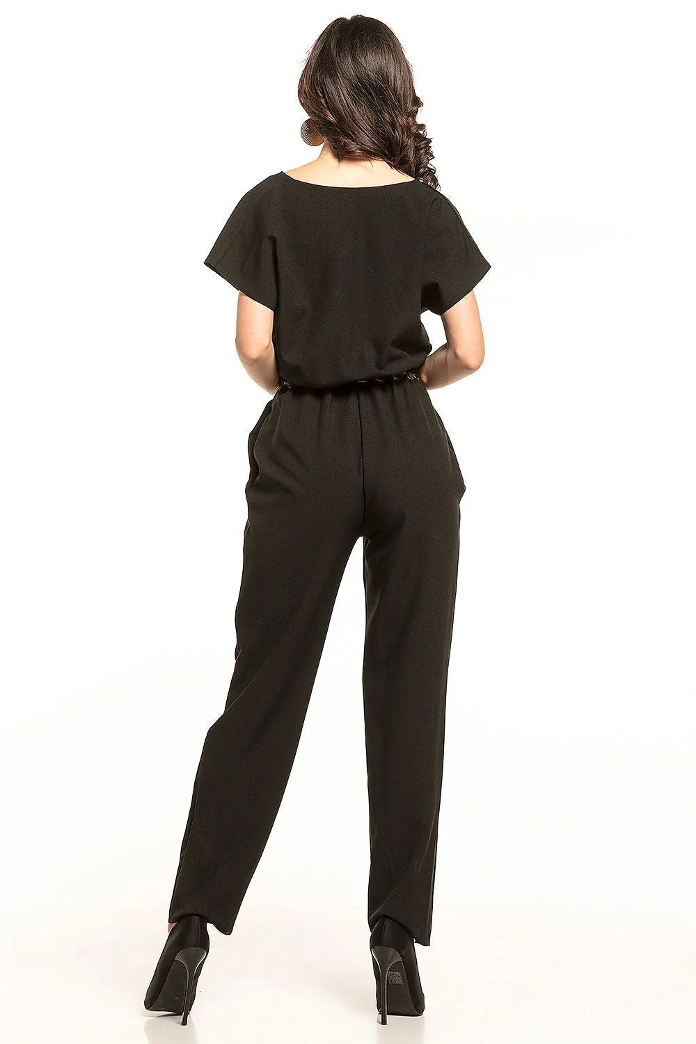 combinaison femme polyester élasthanne vert sarcelle élégante moderne encolure V croisée manches courtes ceinture médaillons dorés poches taille élastiquée droite