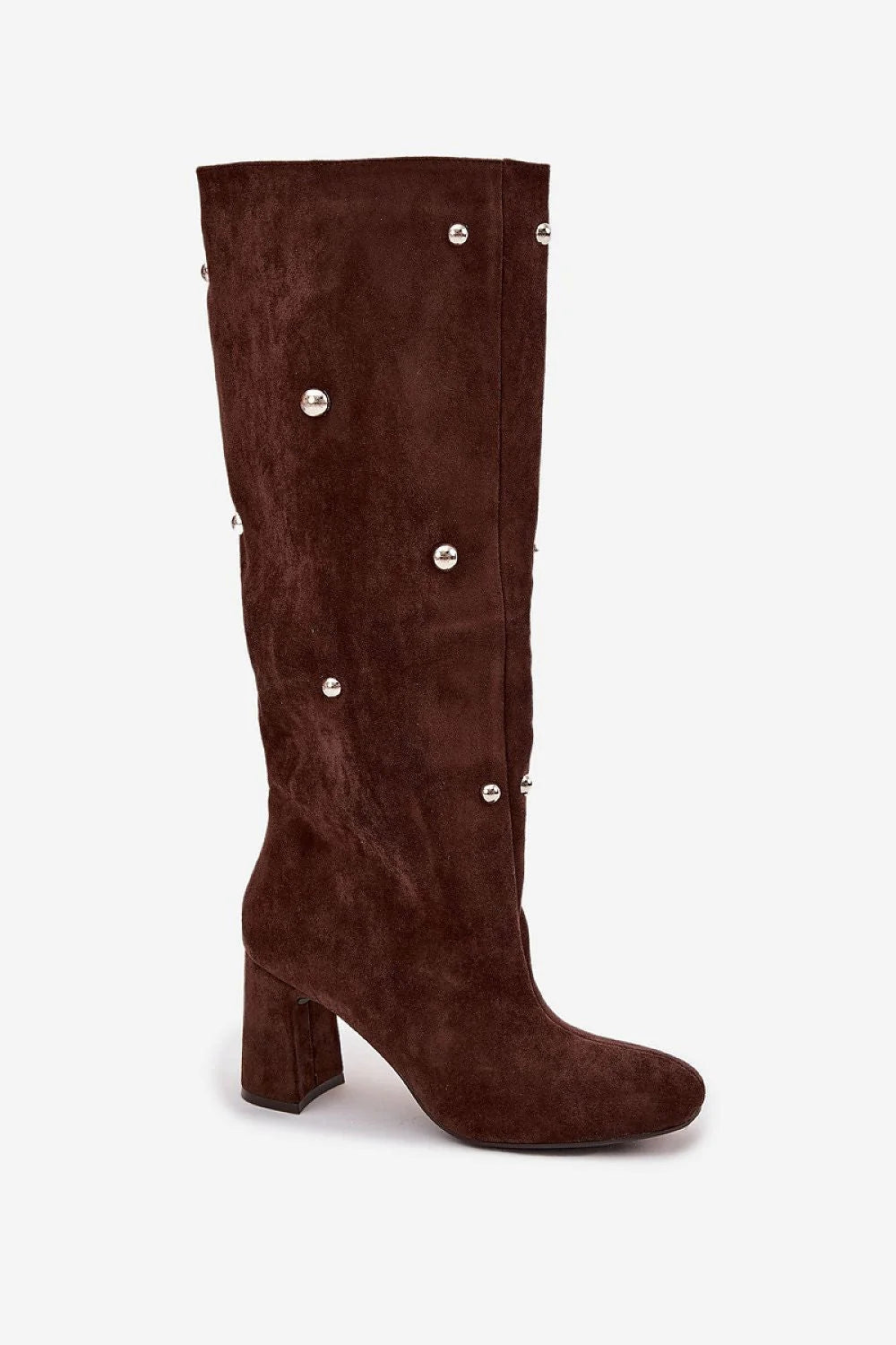 bottes femme hautes suédé marron chocolat bout arrondi talon colonne stable doublure fourrure synthétique ornements clous ronds argentés