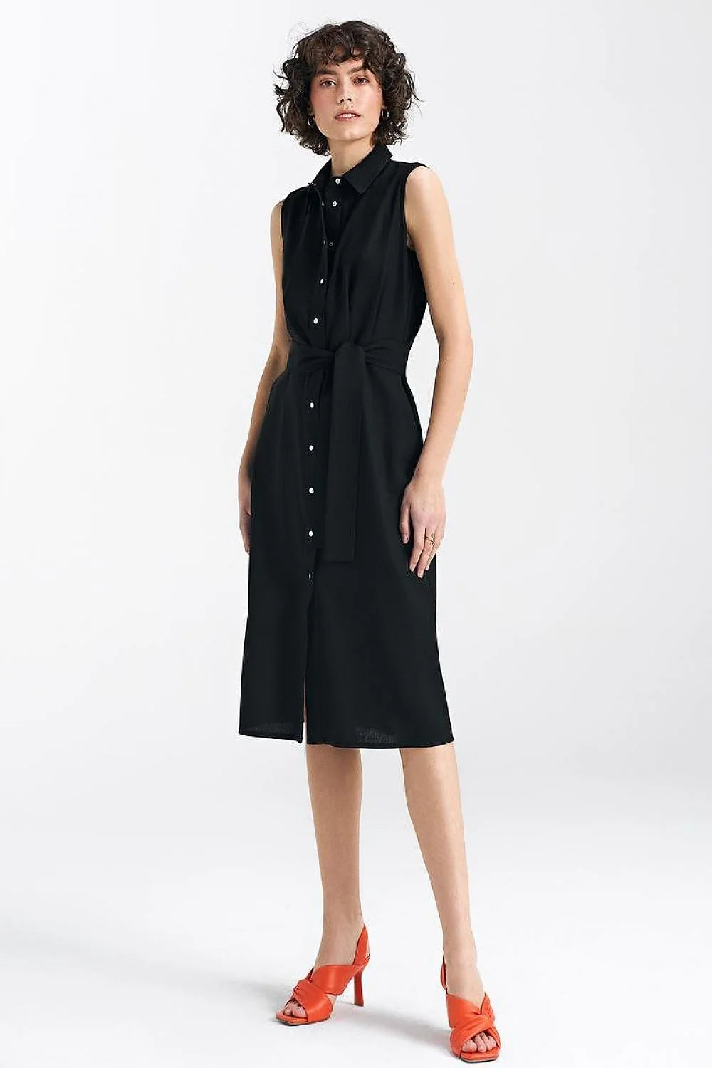 Robe de jour élégante sans manches en viscose, lin, coton noir taille ajustable pour femme