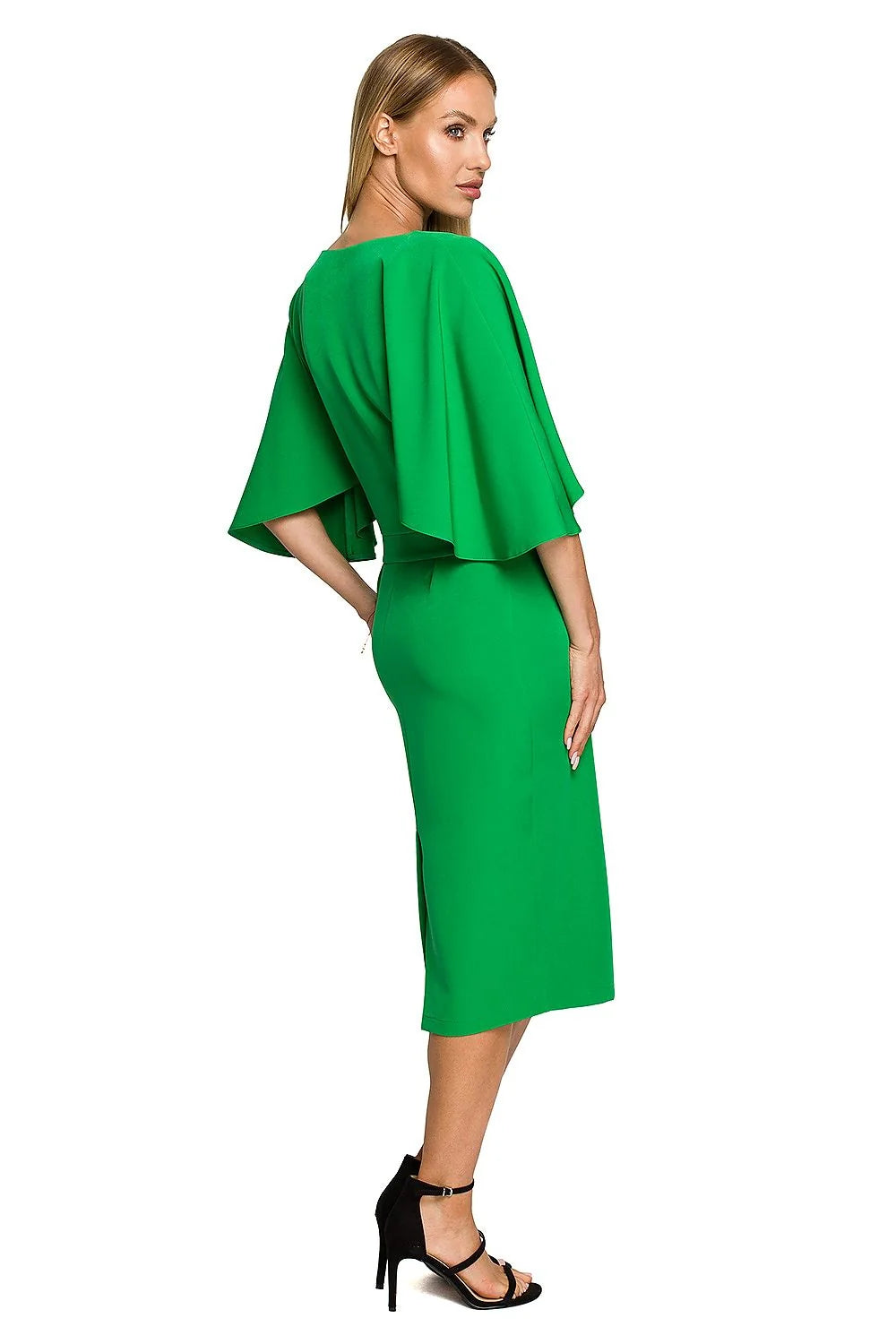 Robe de cocktail élégante vert vif manches larges encolure bateau ceinture discrète fermeture invisible polyester elastane femme