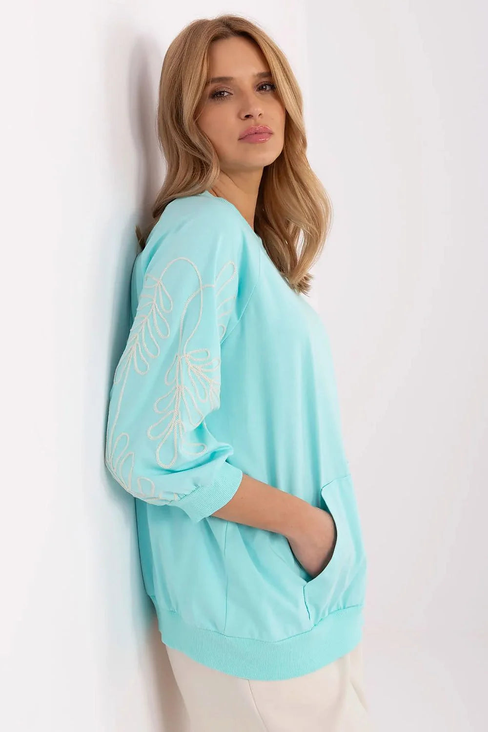 Sweatshirt femme style décontracté manches raglan coton couleur aqua motifs feuilles oversize poche kangourou