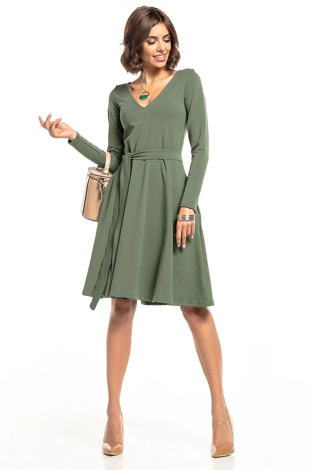 Robe en coton bleu élégante Tessita manches longues col V ceinture intégrée pour femmes