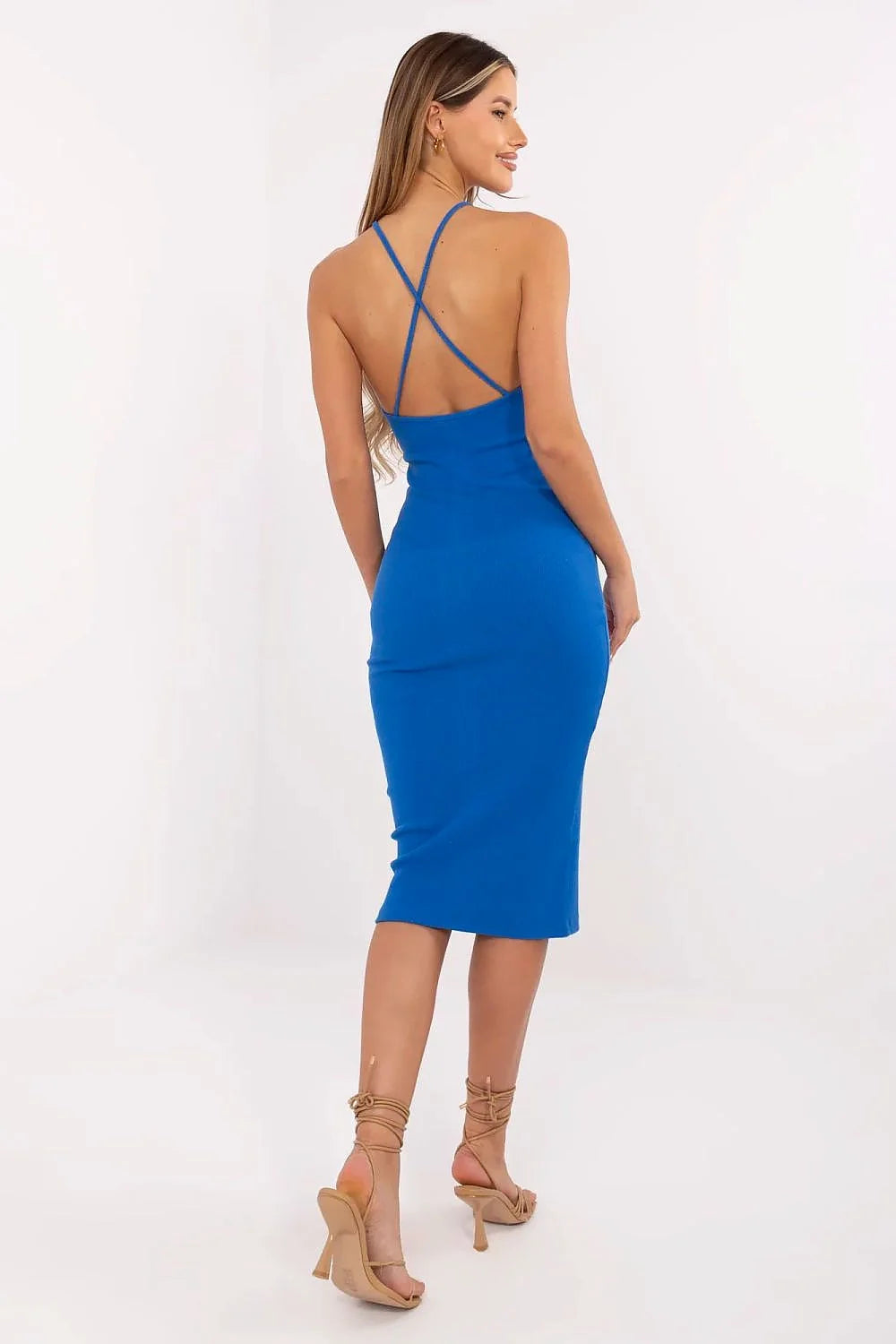 Robe de jour élégante Rue Paris bleu vibrant décolleté carré silhouette moulante longueur mi-mollet femme été