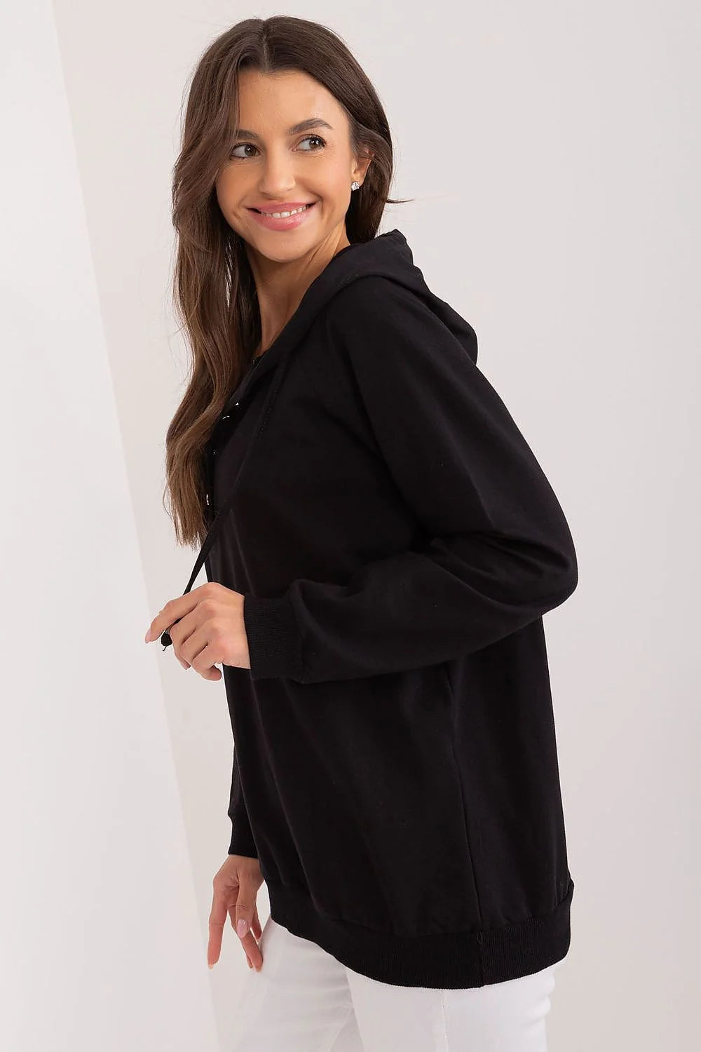 Sweatshirt à capuche pour femme en coton noir confortable longues manches ajustables style moderne coupe ample