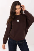 sweatshirt femme oversize marron chocolat col rond manches longues coupe ample longueur hanches ourlet poignets côtelés coton patch