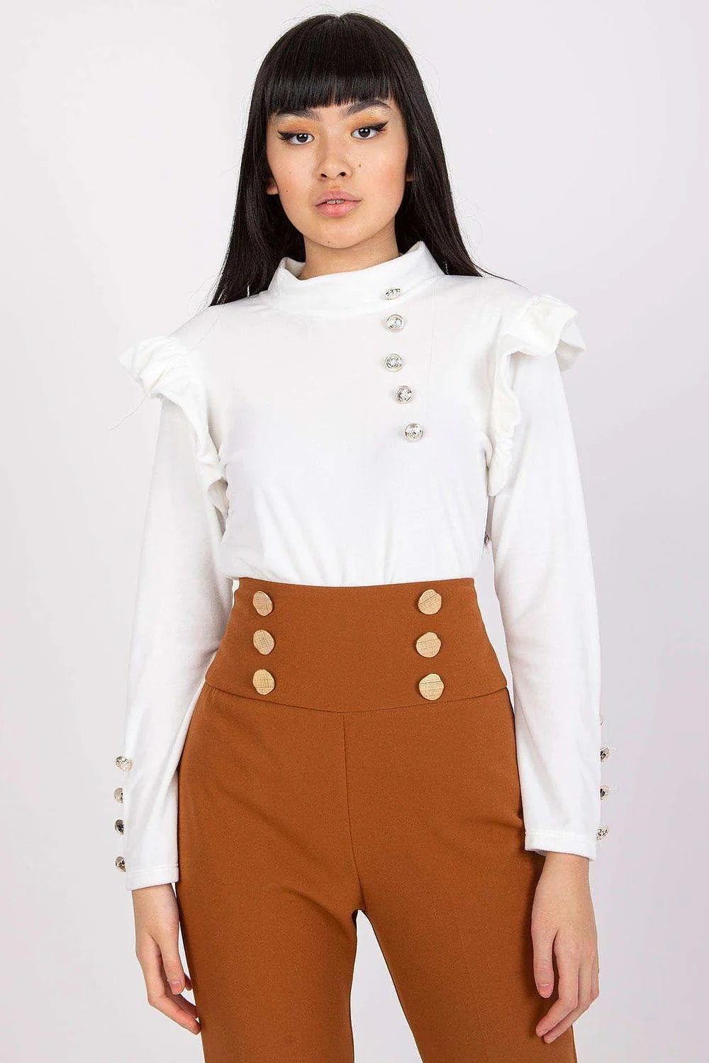 Chemisier femme velour élégant manches longues col montant volants bleu-gris taille universelle chic