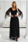 robe longue noire brocart pailleté scintillante soirée gala cérémonie taille cintrée ceinture drapée corset doux manches kimono tulle fluide sculptante