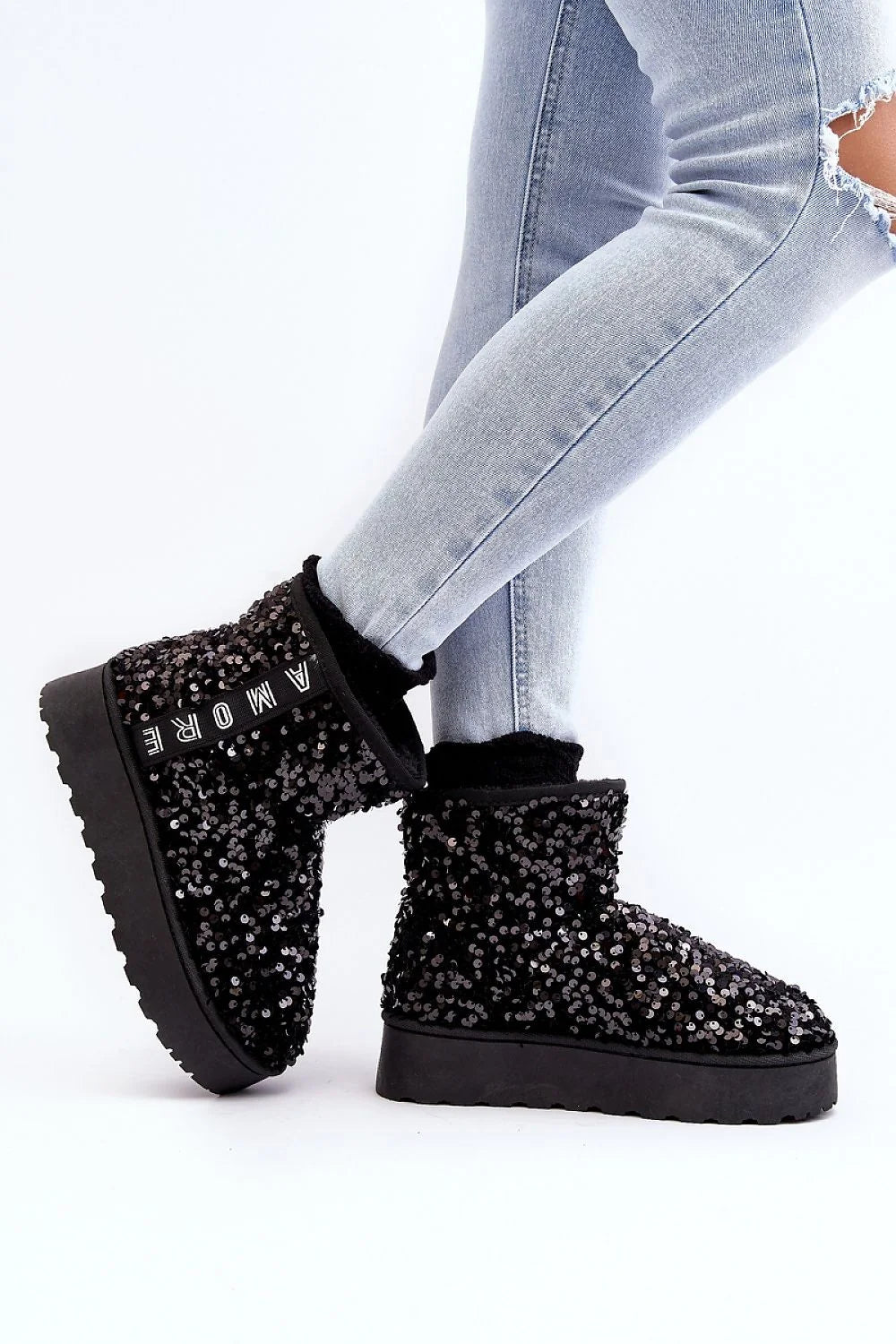 Bottes de neige pour femmes élégantes paillettes noires fourrure synthétique plateforme caoutchouc hauteur 12 cm style moderne AMORE
