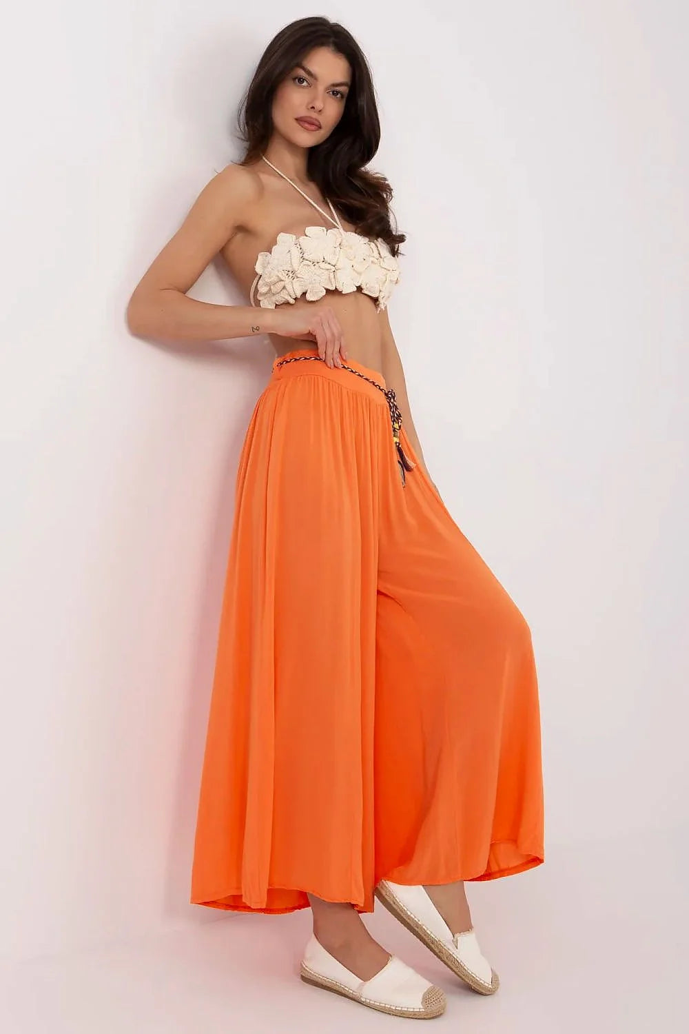 ensemble femme été2023 casual élégant tunique ivoire texturée fleurs palazzo orange vif viscose fluide taille haute ceinture pompons