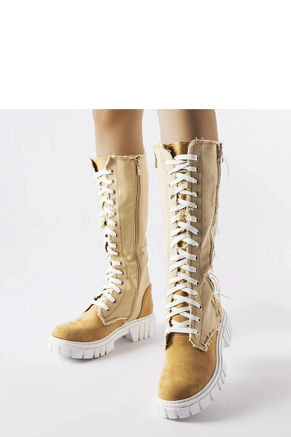 Bottes cuissardes en tissu beige moderne à lacets, semelle épaisse, style tendance pour femmes élégantes