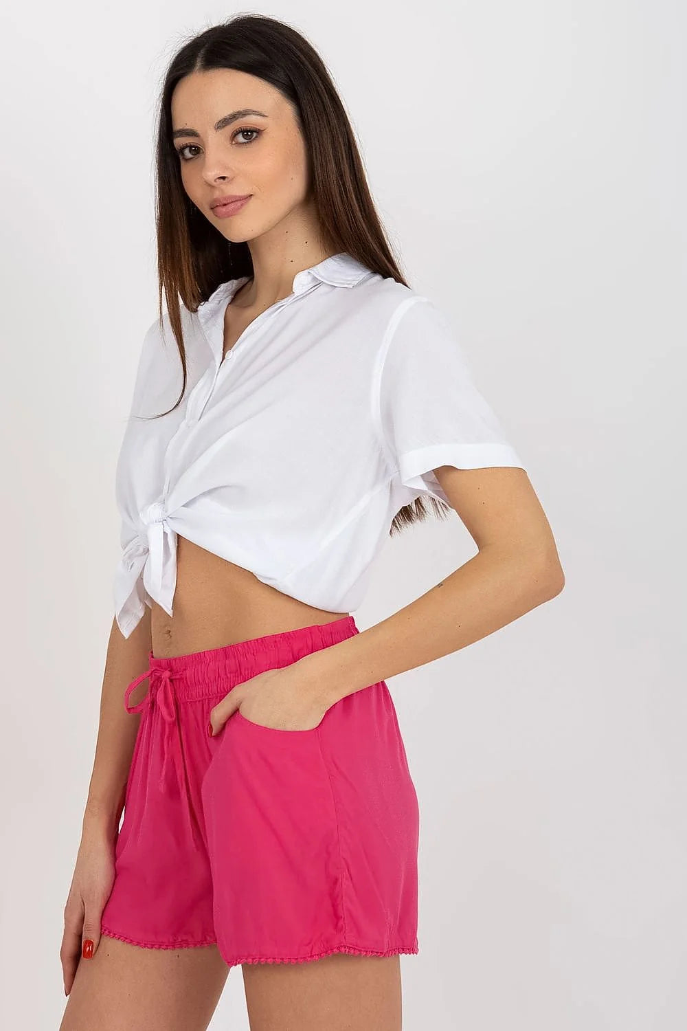 Ensemble féminin été chemise blanche short rose vif taille élastique confortable style casual été femme