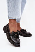 SBarski mocassins femme vernis noir loafers slipon moderne confortable talon bas compensé semelle crantée épaisse nœud tressé orné métallique doré