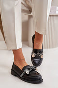mocassins femmes similicuir noir élégants intemporel confortables nœud métallisé doré motifs contrastés talon bas semelle crantée