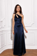Robe de soirée longue asymétrique en satin bleu marine avec bretelle épaule fente haute fermeture éclair femme