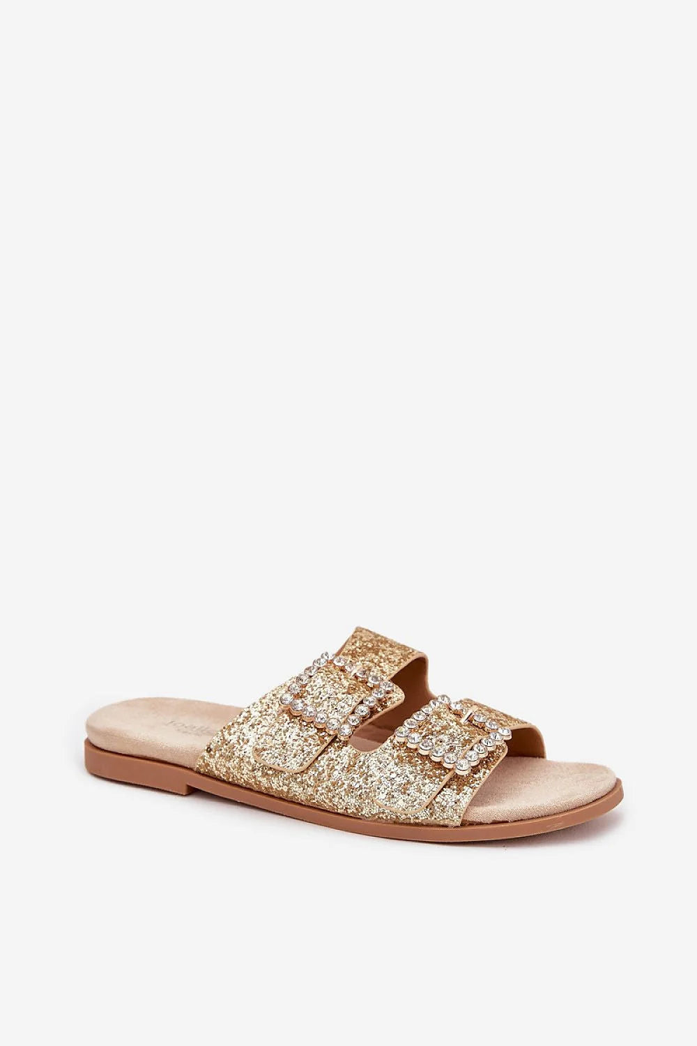 sandales mules femme plates dorées pailletées double bride large bout ouvert semelle rembourrée beige boucles strass ajustables antidérapante confortables élégantes