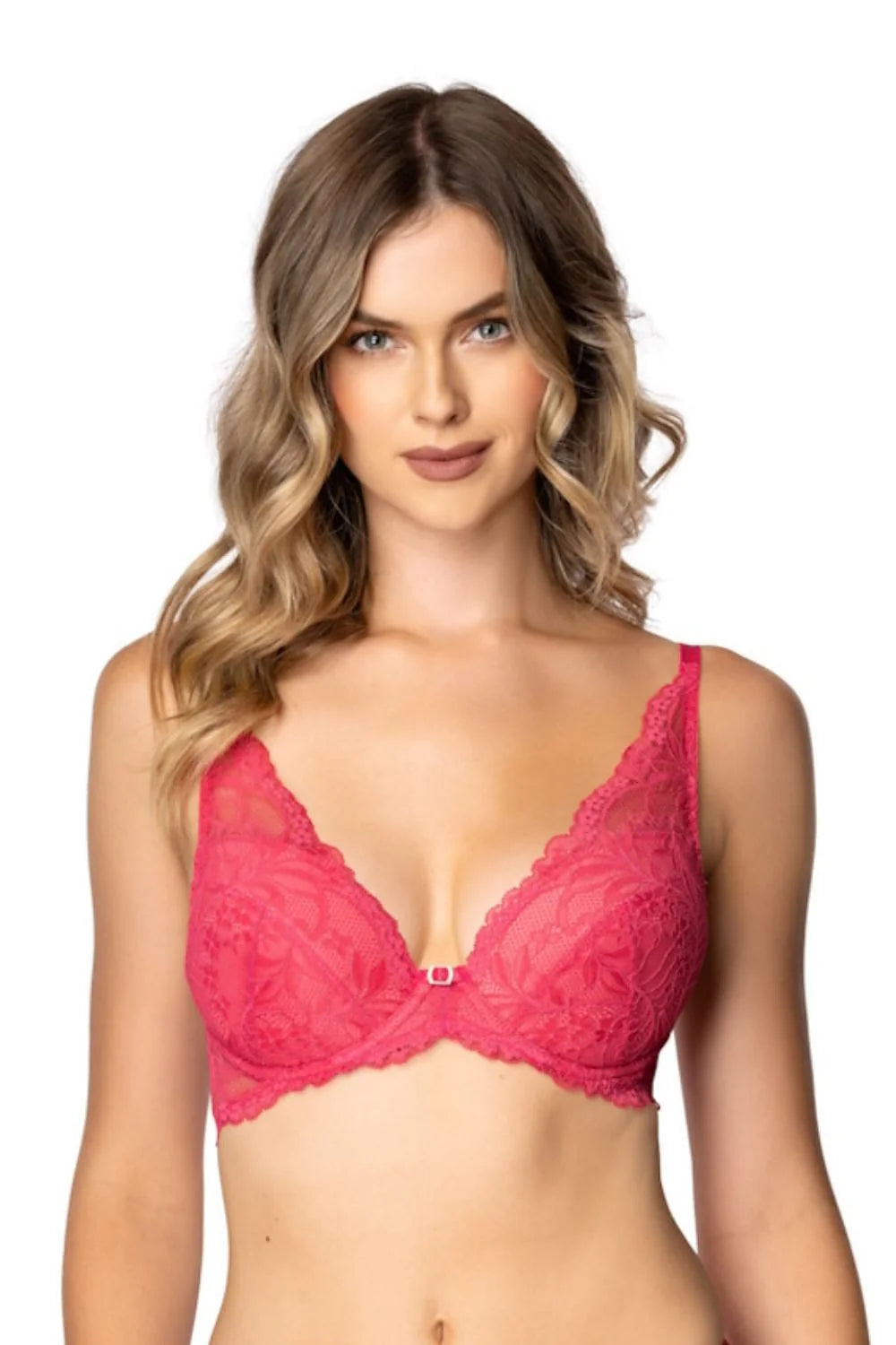 soutiengorge pushup framboise fuchsia dentelle florale romantique sensuel armatures maintien rembourrés bretelles réglables bijou central tanga assorti taille basse semitransparent