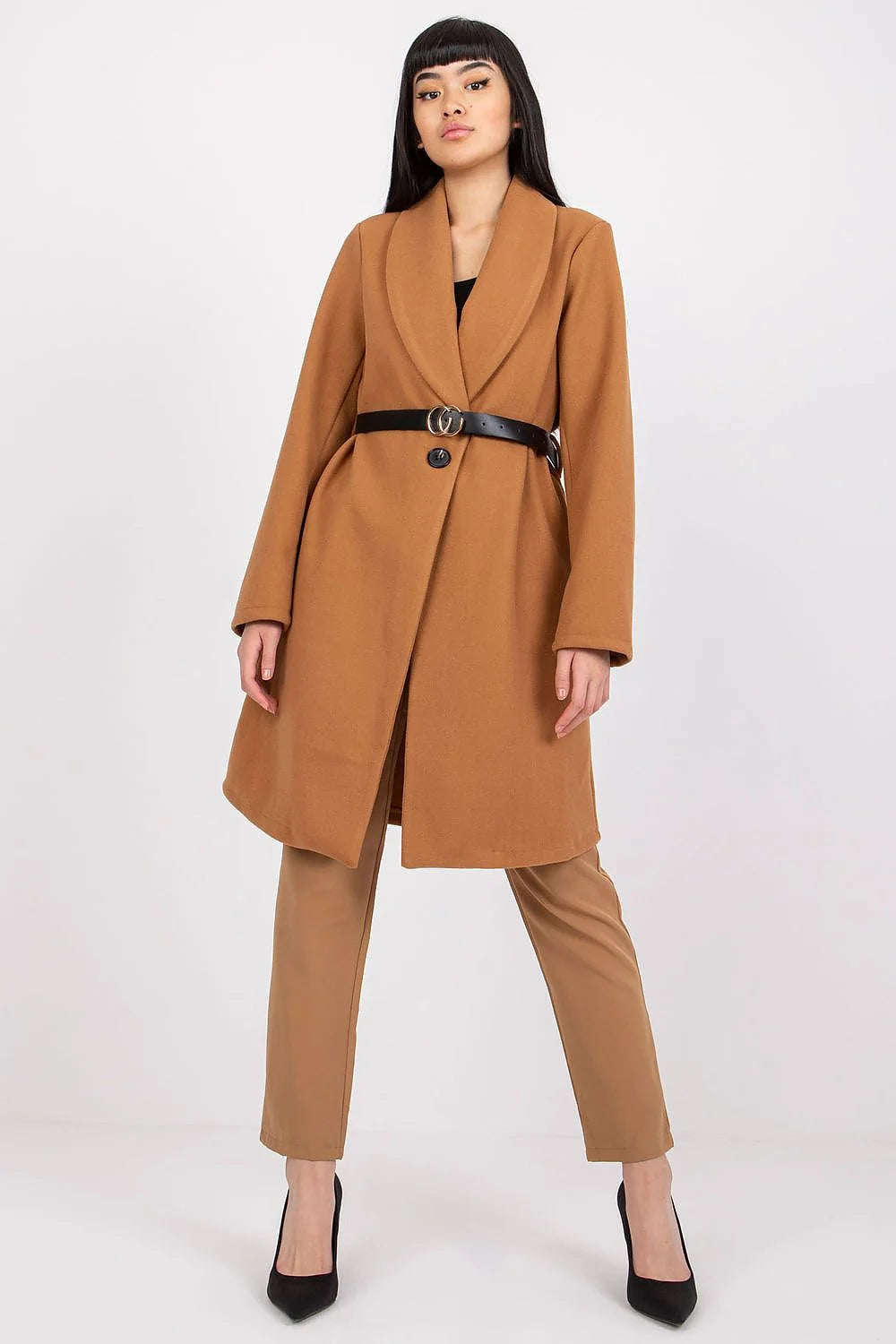 Manteau noir élégant en polyester style classique avec ceinture cuir boucle argentée femme chic