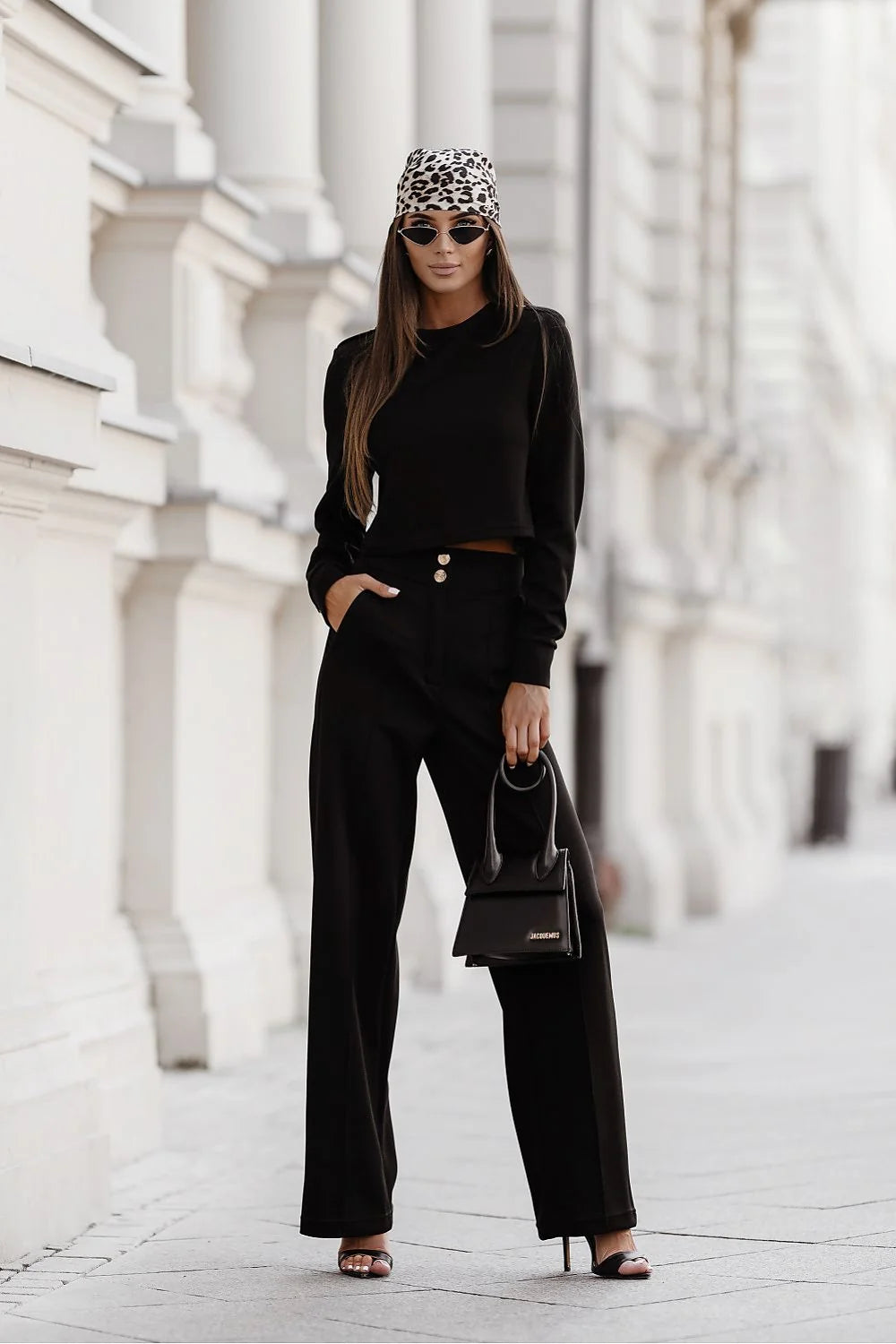 ensemble noir chic élégant confortable viscose elasthanne top court manches longues pantalon taille haute jambes larges palazzo