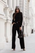 ensemble noir chic élégant confortable viscose elasthanne top court manches longues pantalon taille haute jambes larges palazzo
