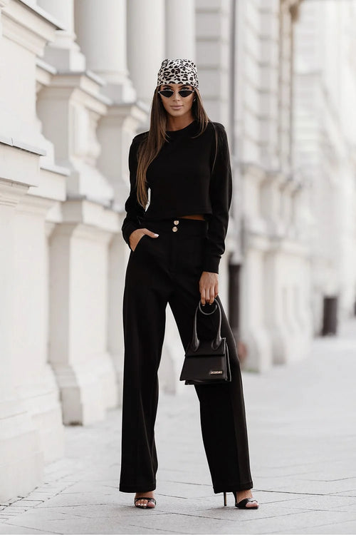 ensemble noir chic élégant confortable viscose elasthanne top court manches longues pantalon taille haute jambes larges palazzo