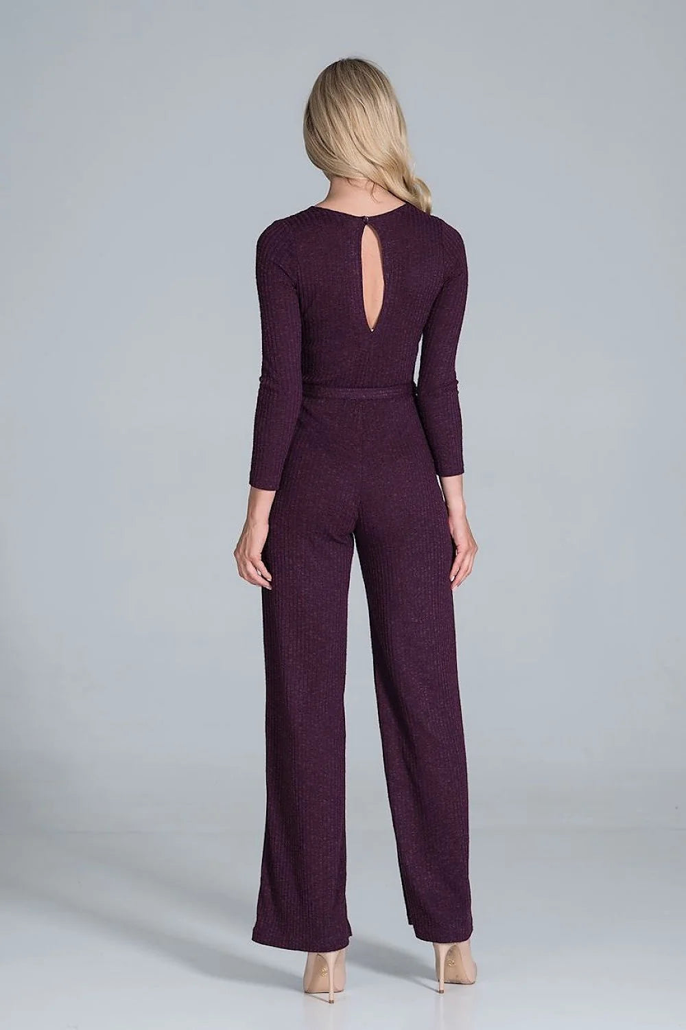 Combinaison élégante maille côtelée bordeaux moderne ajustable manches longues jambes larges ceinture assortie femme