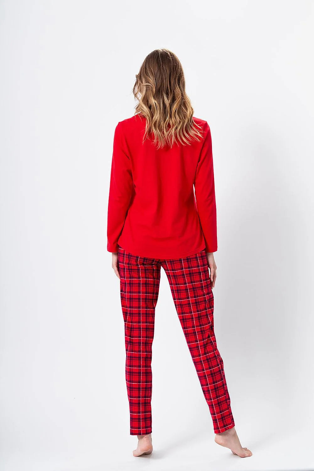 pyjama femme élégant coton pur doux hypoallergénique manches longues imprimé animé rouge vif pantalon droit tartan flanelle chaude