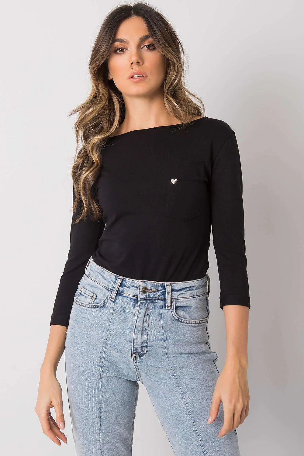 Chemisier noir coton stretch manches longues coupe ajustée col bateau élégant pour sorties décontractées