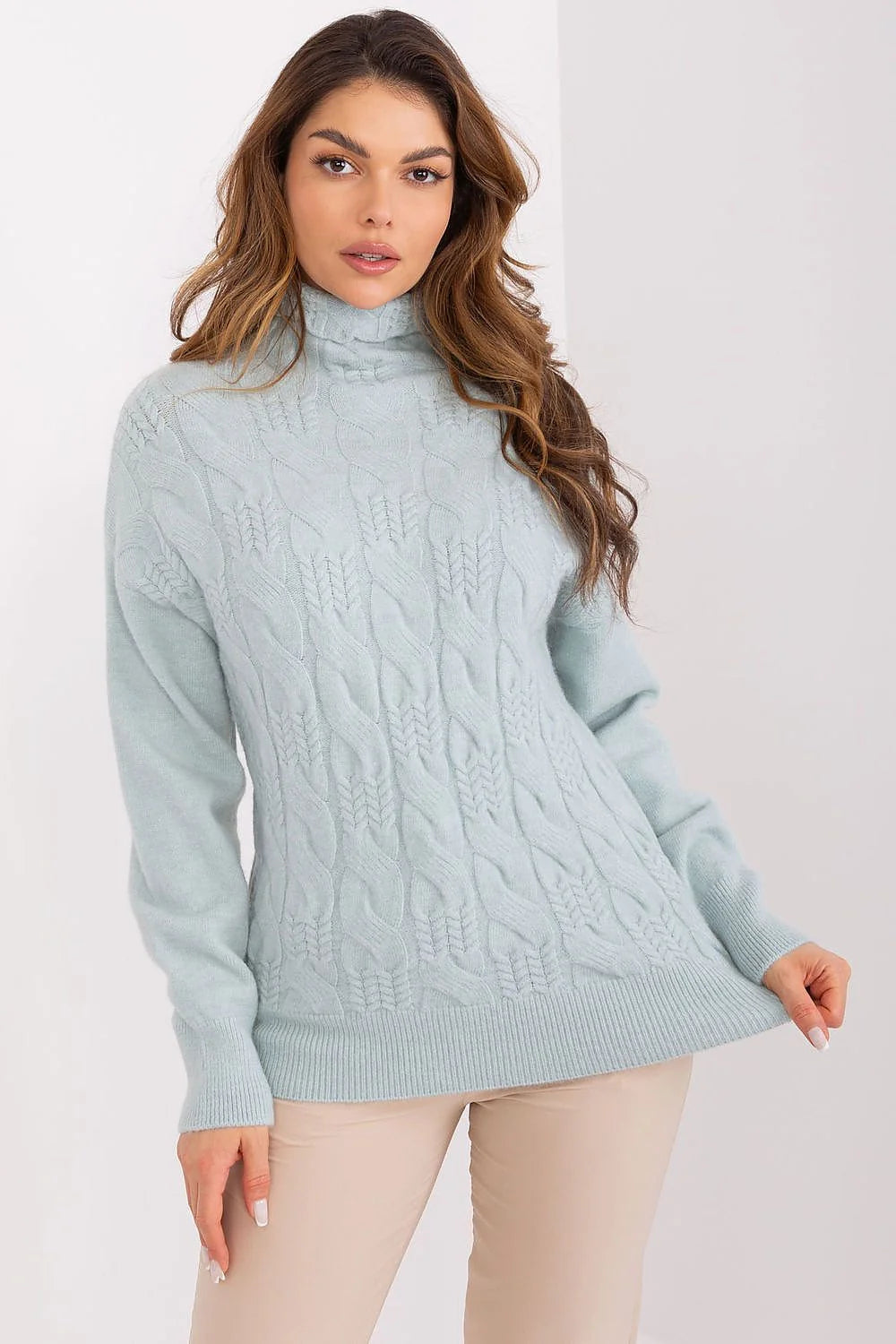 Pull col roulé maille femme bleu pastel classique intemporel manches longues coupe droite tricot laine douce finitions côtelées torsades élégance