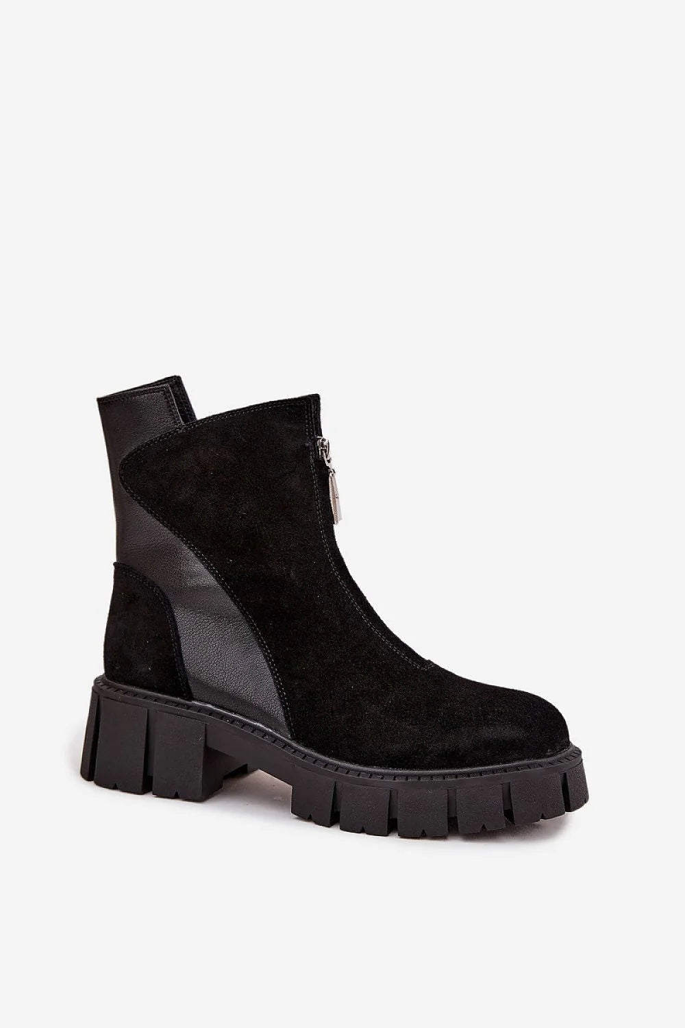 bottines femme suède noir cuir talon bloc massif plateforme crantée adhérence doublée confortable zip décorative rock urbain bout arrondi polyvalentes